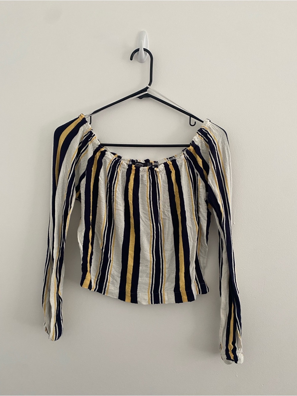 Bershka Navy, White & Mustard Striped Off-Shoulder Crop Top